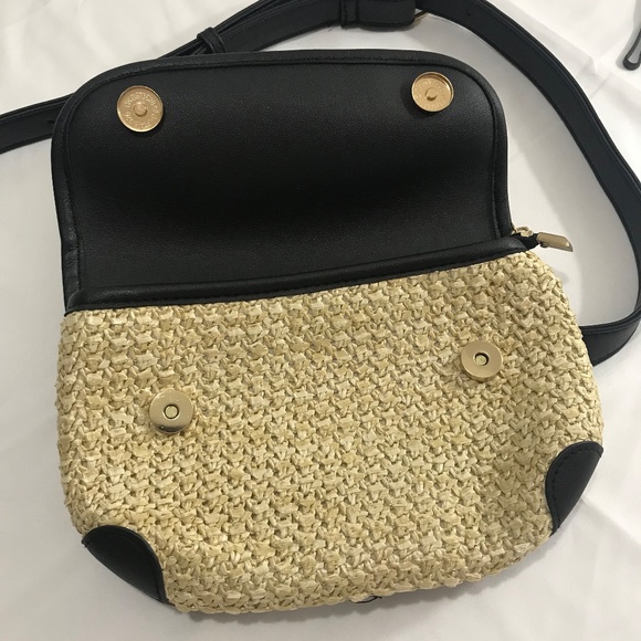 Straw Woven Crossbody Bag with Black Faux Leather Trim - Picture 2 of 7